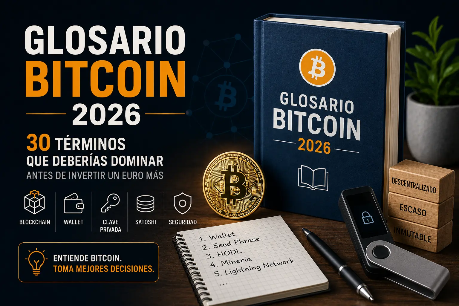 Glosario Bitcoin 2026: 30 términos que deberías dominar antes de invertir un euro más
